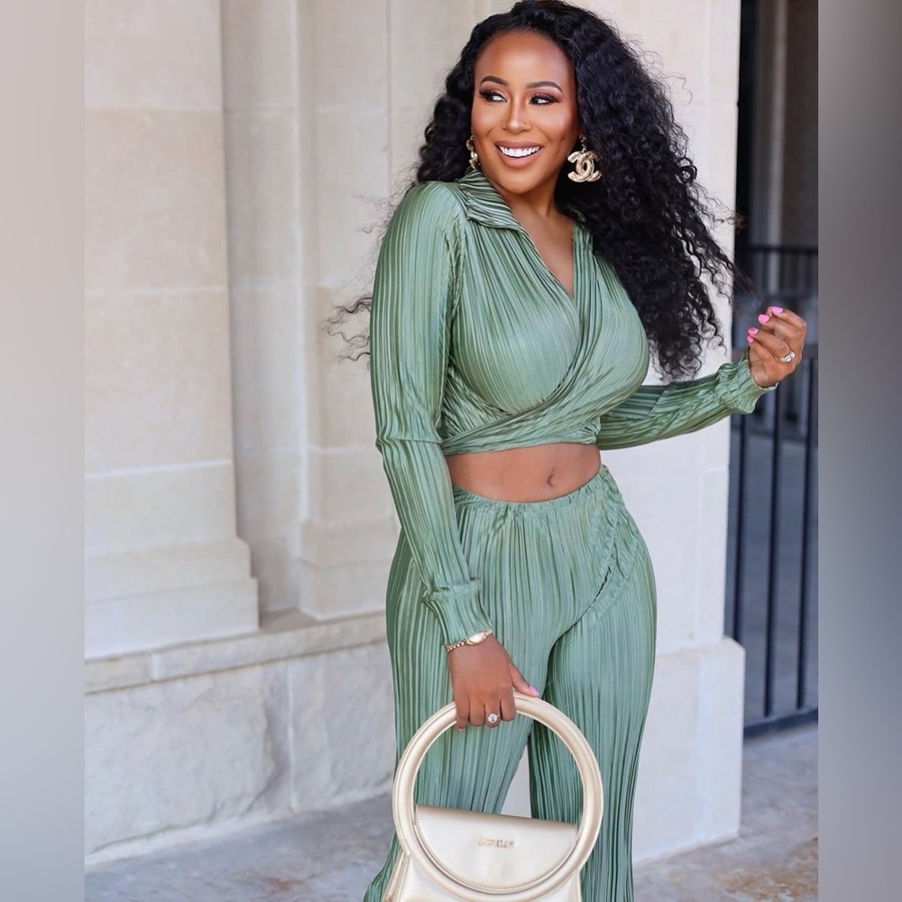 Pleated Wrap Crop Top & High-Waist Wide Leg Pants Set - Sage Green